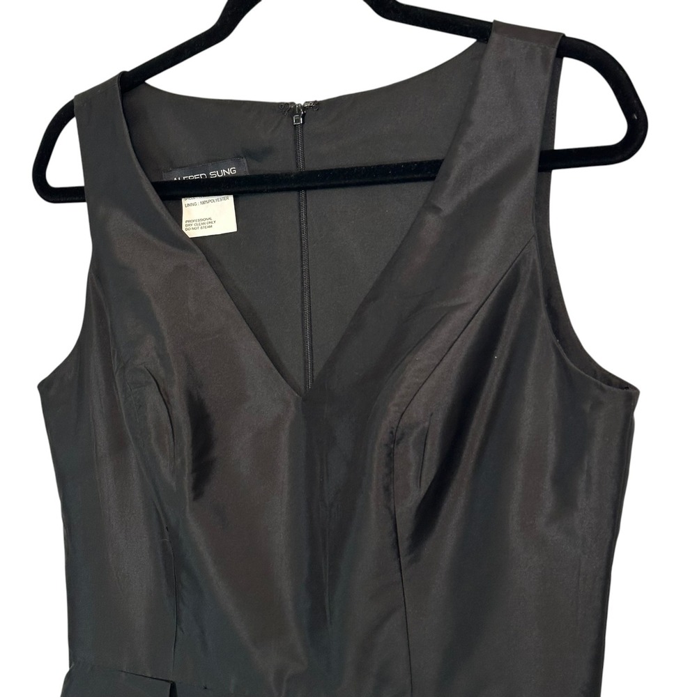 Alfred Sung Midi Dress High Low V-Neck Pleated Pocket Black‎ 12 Dupioni Satin - Picture 5 of 11
